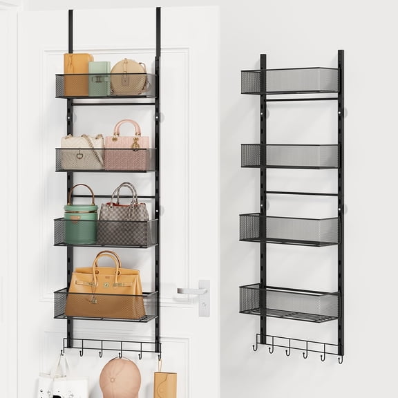 Over The Door Purse Organizer - Wall Mounted Purse Rack with 4 Adjustable Metal Basket and 6 Hooks, Hanging Bag Rack for Handbag Organizer, Bag Storage Can Use As 1/2 Part, for Door, Closet