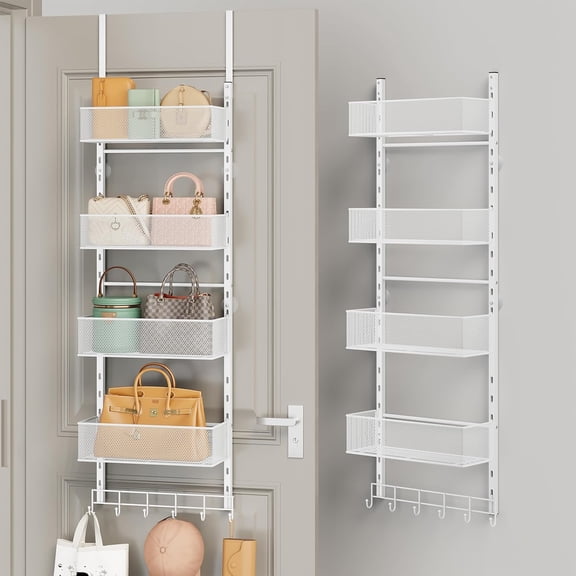 Over The Door Purse Organizer - Wall Mounted Purse Rack with 4 Adjustable Metal Basket and 6 Hooks, Hanging Bag Rack for Handbag Organizer, Bag Storage Can Use As 1/2 Part, for Door, Closet