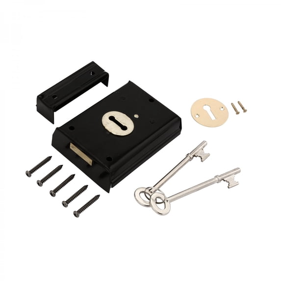 Renovators Supply Manufacturing Black Door Rim Lock Set with Brass Plated Finish – Vintage Style Surface Mount Door Lock Hardware for Interior and Exterior Doors