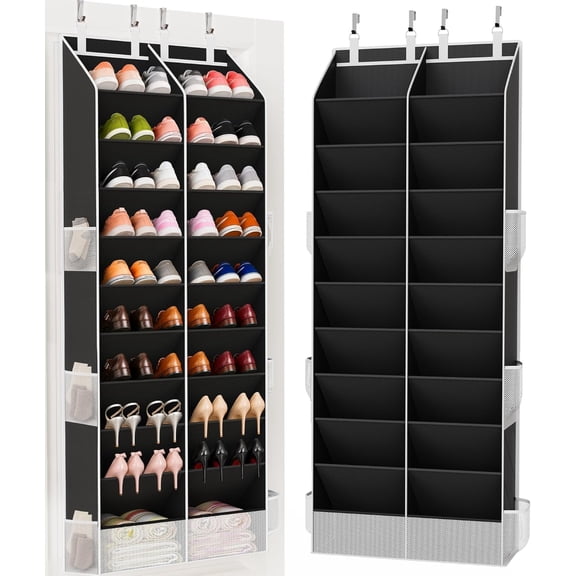 Over the Door Shoe Organizer, 20-30 Pairs Heavy-Duty Hanging Shoe Storage with Large Pockets, 10-Tier Door Shoe Rack with 4 Hooks for Sneakers Sandals Heels Boots (Black)