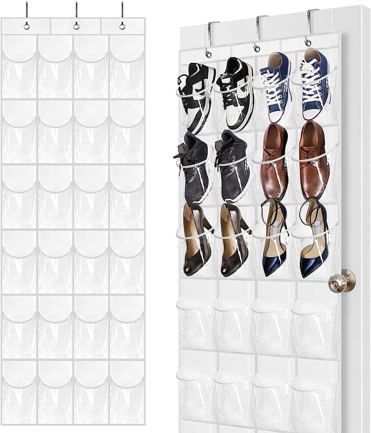 TOPBOUTIQUE Over The Door Shoe Organizer - 24 Breathable Pockets 64in x 18in, Clear Hanging Shoe BagHanging Shoe Holder for Maximizing Shoe Storage, Accessories, Toiletries, Laundry Items. (White, 1Pack)