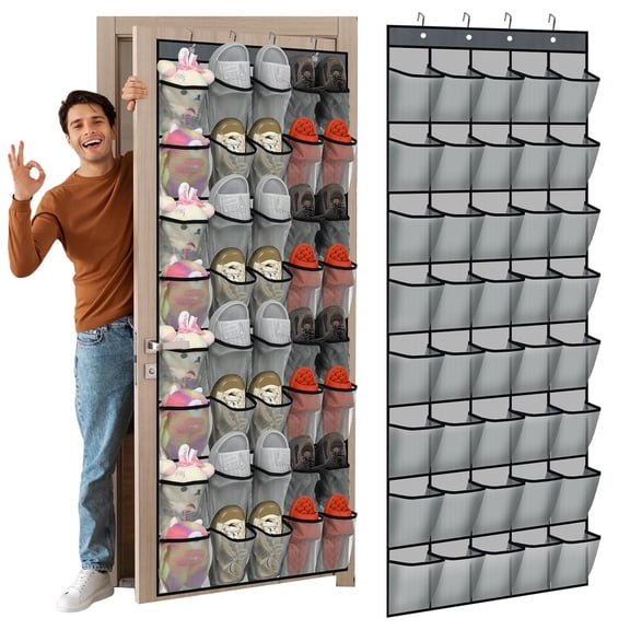 Over the Door Shoe Organizer with 40 Large Breathable Mesh Pocket, Space Saving Hanging Shoe Rack Hanger Gray Behind the Door Storage Holder for Entryway Closet Bedroom Utility Room Women Men