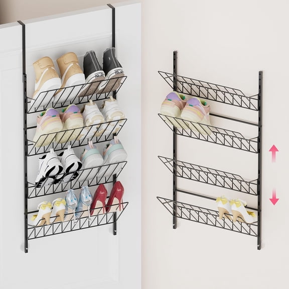 Over the Door Shoe Organizer - Adjustable 4 Tier Hanging Shoe Rack Organizer, Metal Heavy Duty Behind Door Storage or Wall Mount Shoes Shelf for Flats, Heels, Sneakers, Boots Black