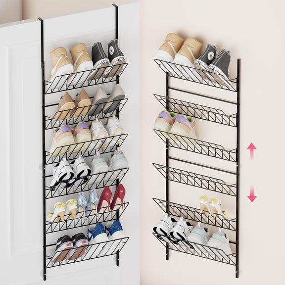 SWTYMIKI Over the Door Shoe Organizer - Adjustable 6 Tier Hanging Rack Organizer, Metal Heavy Duty Behind Storage or Wall Mount Shoes Shelf for Flats, Heels, Sneakers, Boots