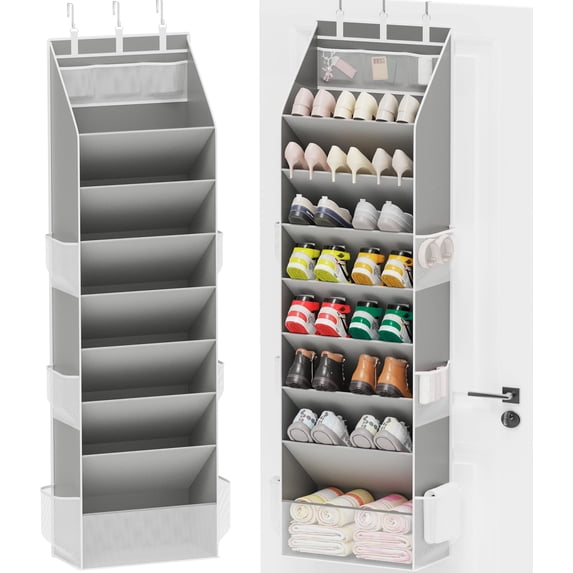 Over the Door Shoe Organizer, Hanging Closet Shoe Storage with Large Deep Pockets, 8-layer shoe shelf, Fits 16–24 Pairs of Sneakers, Sandals, High heel, Boots, Gray