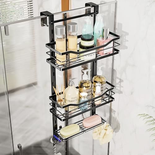 Over the Door Shower Caddy - 3 Tier Adjustable Shower Organizer Hanging with Soap Holder, No Drilling Stainless Steel Bathroom Rack Hanging for Body Wash, Shampoo, Soap, Razor, Black