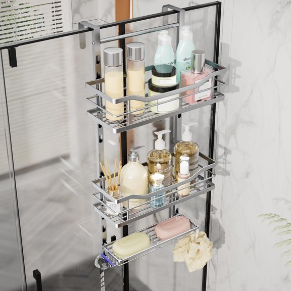 Over the Door Shower Caddy - 3 Tier Adjustable Shower Organizer Hanging with Soap Holder, No Drilling Stainless Steel Bathroom Rack Hanging for Body Wash, Shampoo, Soap, Razor, Black