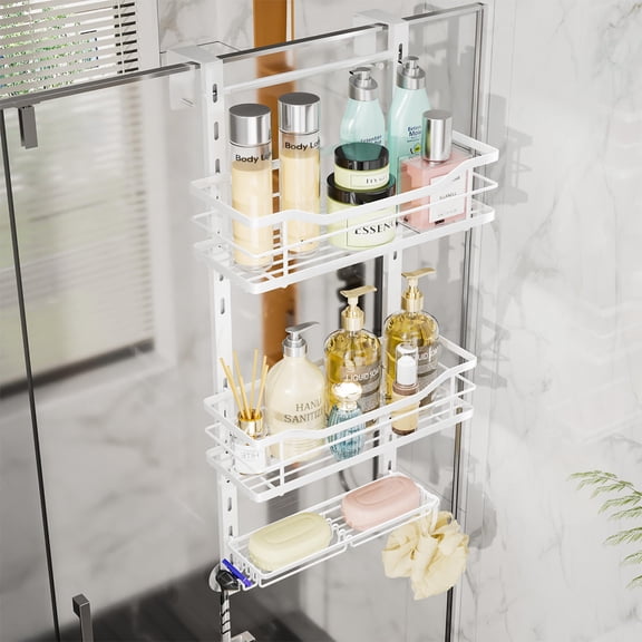 Over the Door Shower Caddy - 3 Tier Adjustable Shower Organizer Hanging with Soap Holder, No Drilling Stainless Steel Bathroom Rack Hanging for Body Wash, Shampoo, Soap, Razor, Black