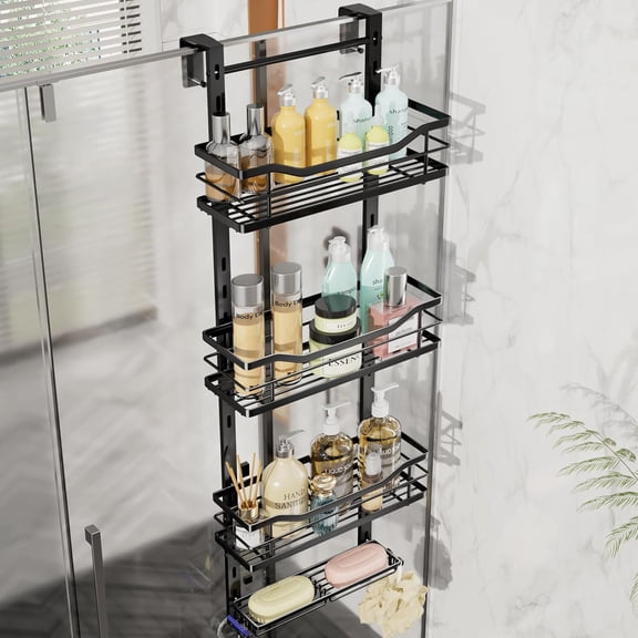 Over the Door Shower Caddy - 4 Tier Adjustable Shower Organizer Hanging with Soap Holder, No Drilling Stainless Steel Bathroom Rack Hanging for Body Wash, Shampoo, Soap, Razor, Black