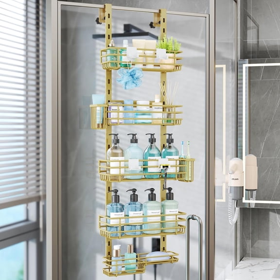 Over The Door Shower Caddy - 5 Tier Adjustable Shower Organizer Hanging with 2 Toothbrush Holders & 4 Hooks, Rustproof Organizer Shelf, Storage Rack for Bathroom, Gold