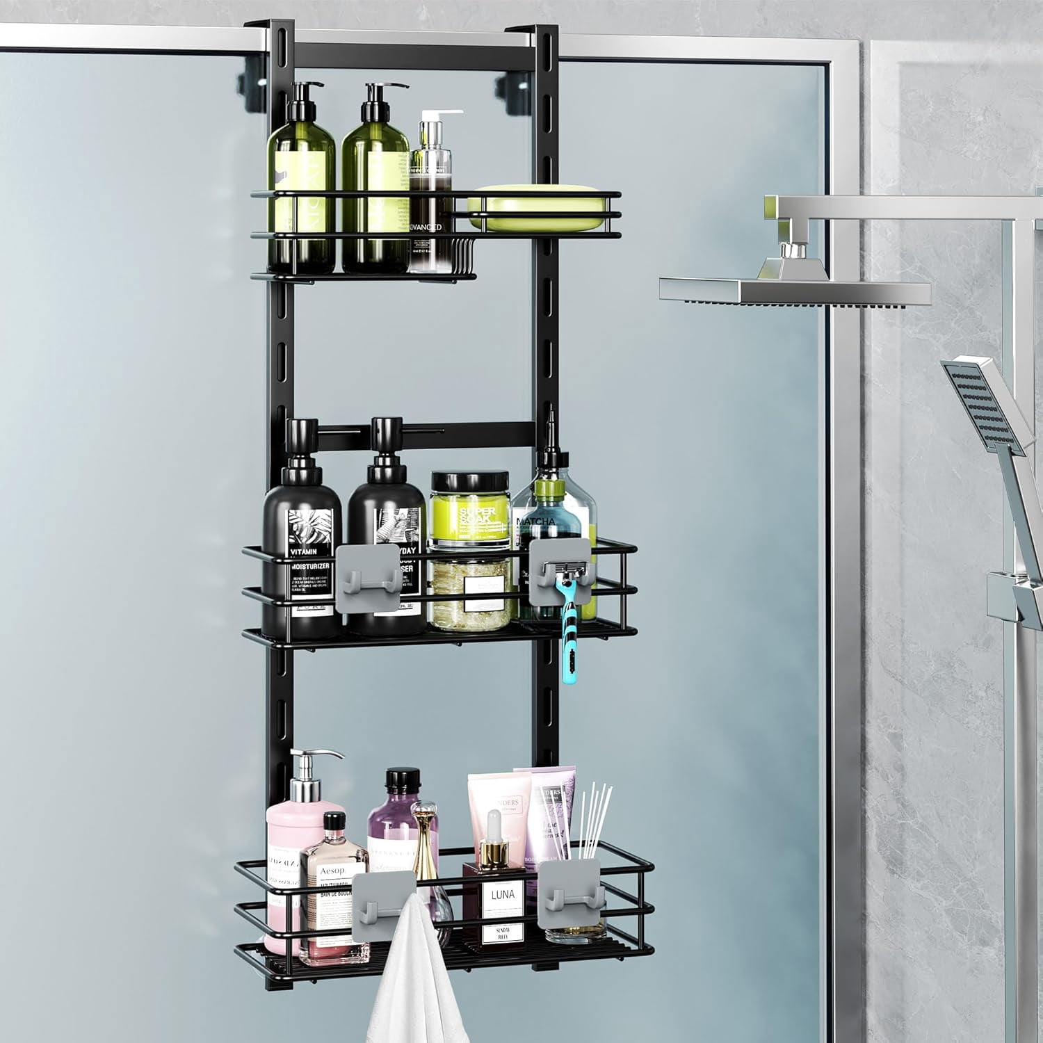 Over The Door Shower Caddy Adjustable 3 Tier Black,Bathroom Hanging ...