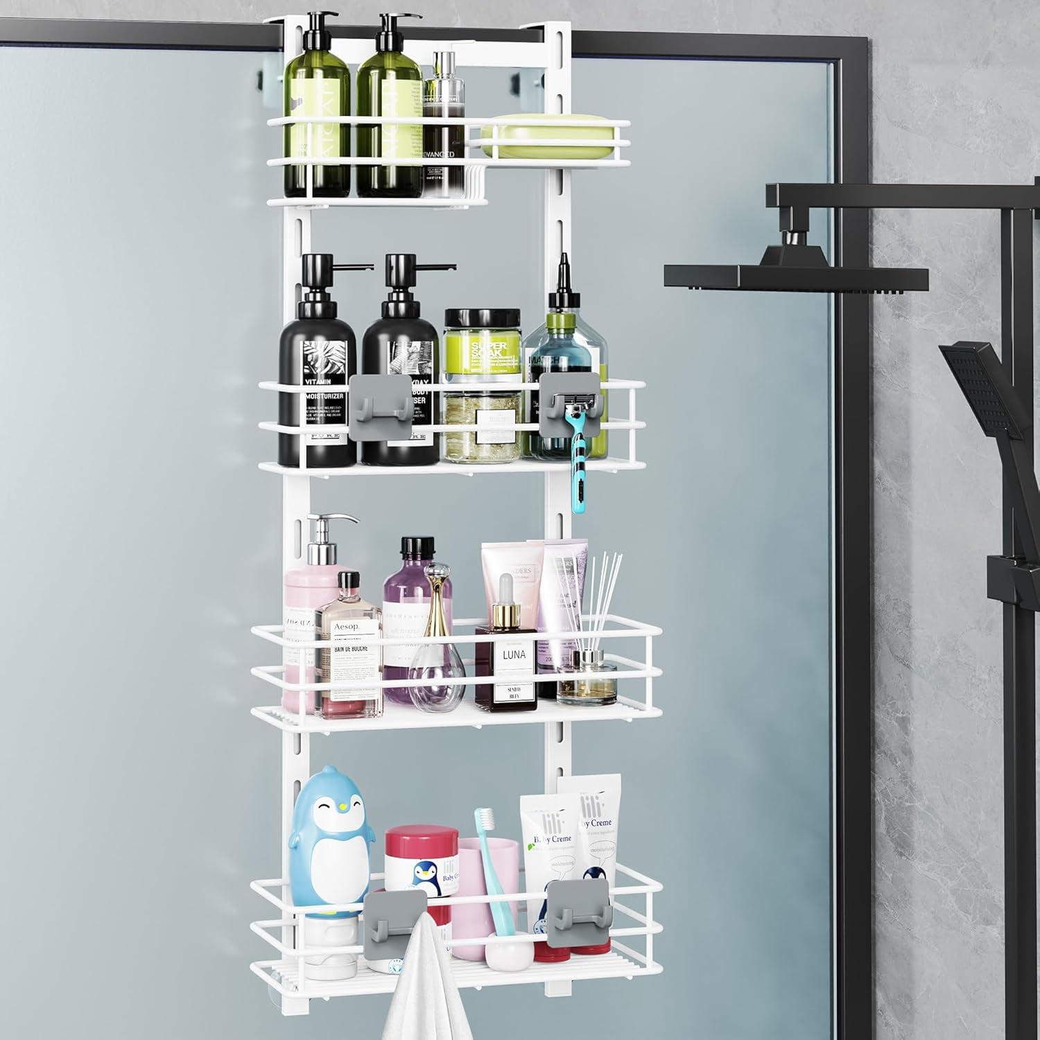 REINHARDT Adjustable Hanging Shower Caddy For Handheld Showerheads - Rustproof Organizer With Hooks & Soap Holder (Silver)