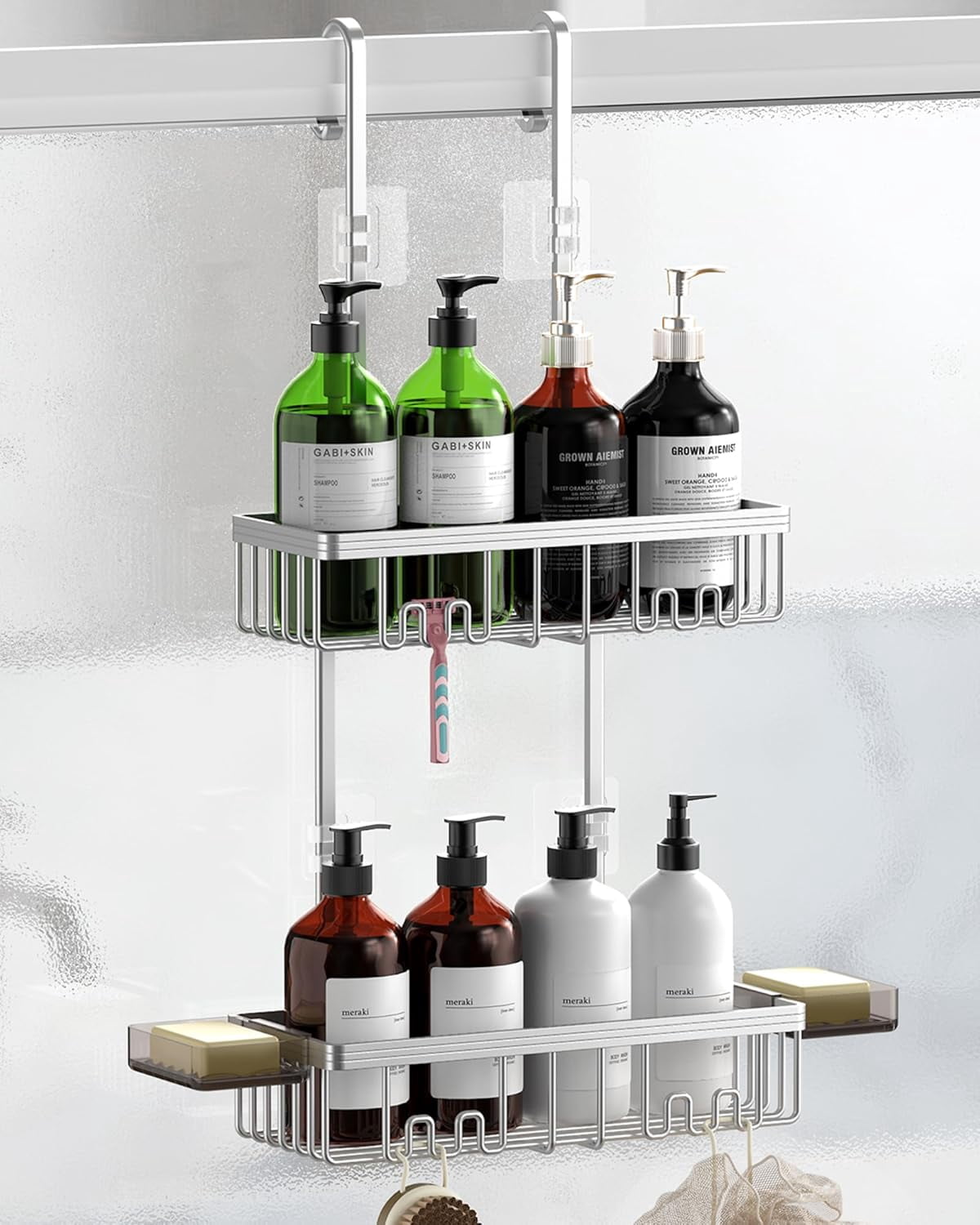 Over the Door Shower Caddy Hanging With Double Soap Holder Never Rust Hanging Shower Caddy With 4 Hooks Hanging Bathroom Organizer No Drilling Shelves for Bathroom Storage Silver
