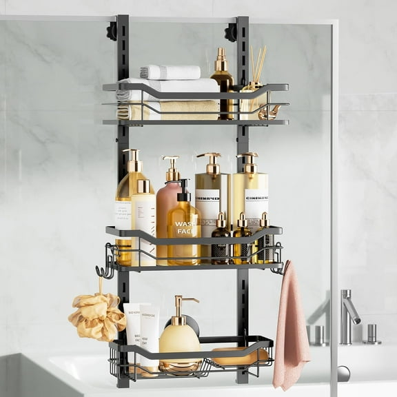 Over The Door Shower Caddy, Shelf Distance Adjustable Hanging Rack Sturdy Rust Proof Bathroom Shelves with Strong Suction Cup, Shower Organizer Basket Storage Rack, Metal Black