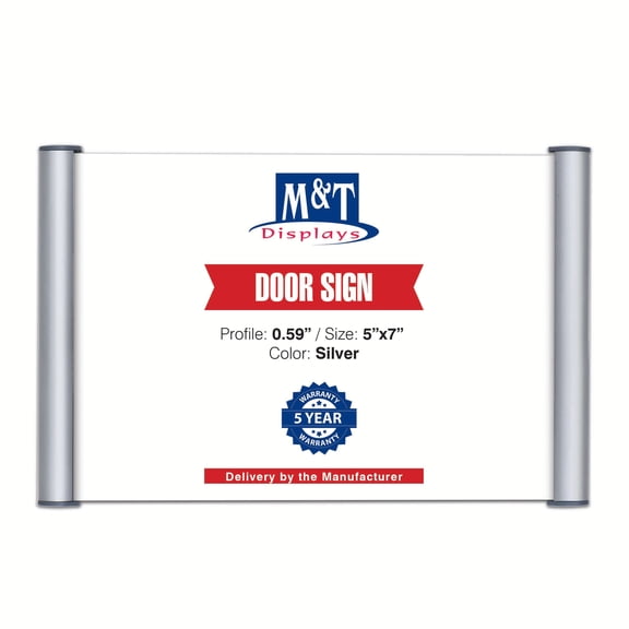 Door Sign, 5x7 Inch Picture Size, 0.59 Inch Silver Aluminum Snap Open Profile, Easy to Change, Adhesive Backing and Mounting Hardware Included