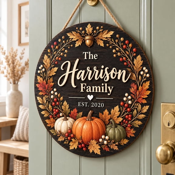 Door Sign Autumn Pumpkin Wreath Wooden Personalized Door Decor Thanksgiving
