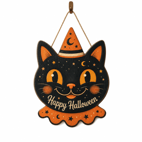 Door Sign Black Cat Halloween Wooden Front Door Hanging for Spooky Entryway Decor