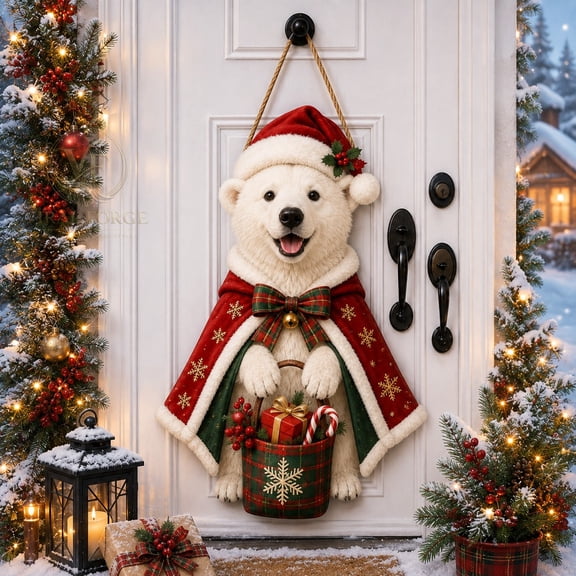 Door Sign, Christmas Polar Bear Welcome Hanging for Front Entry