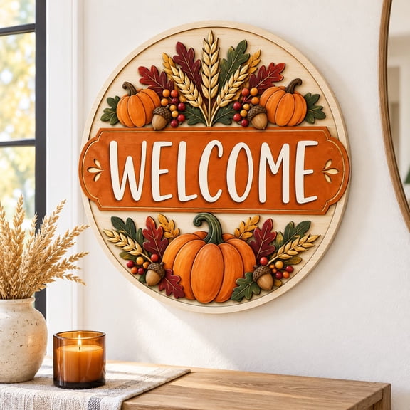 Door Sign, Fall Welcome Pumpkin Wooden Front Door Hanger for Autumn Farmhouse Porch Decor