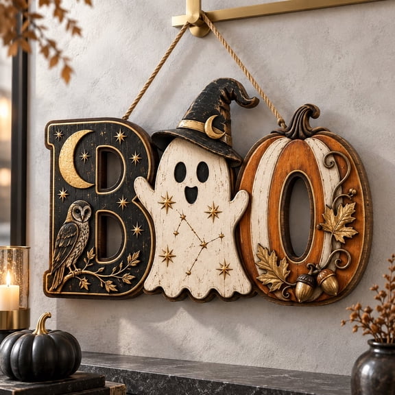 Door Sign, Halloween BOO Ghost Pumpkin, Wooden Front Door Hanger for Porch Decor and Halloween Gift