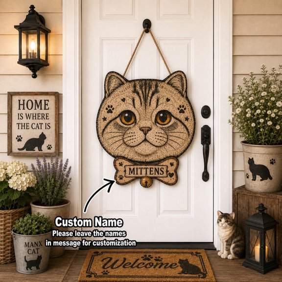 Door Sign Manx Cat Custom Name Hanging Entry Accent for Pet Lovers