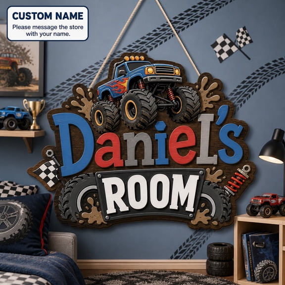 Door Sign Monster Truck Personalized Wooden Bedroom Door Plaque Custom Name Room