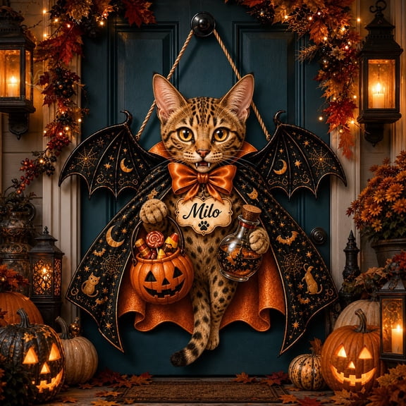 Door Sign Ocicat Halloween Cat Welcome Front Door Hanging for Cat Lovers
