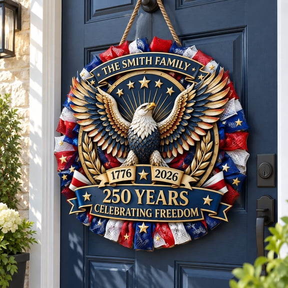 Door Sign, Personalized 250th Anniversary Celebrating Freedom Bald Eagle Shape, Wood Wall Decor for Patriotic Commemoration