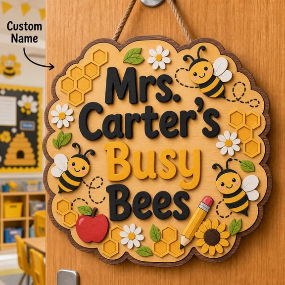 Door Sign Personalized Bee Wooden Classroom Name Plaque for Teacher