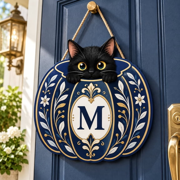 Door Sign, Personalized Black Cat Pumpkin Chinoiserie Monogram, Custom Initial Hanger for Fall Decor