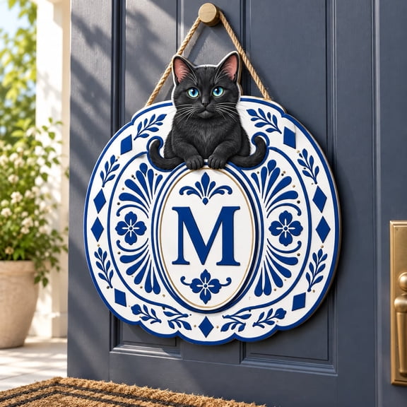 Door Sign Personalized Black Cat Pumpkin Chinoiserie Monogram Fall Decor