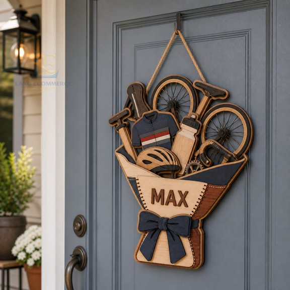 Door Sign Personalized Cycling Theme Wood Look Front Door Hanging for Cyclists