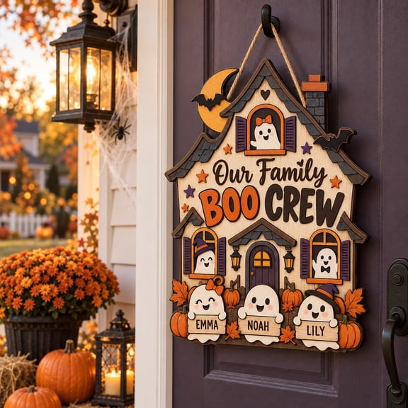 Door Sign, Personalized Ghost Family Wooden Hanging Decor for Halloween