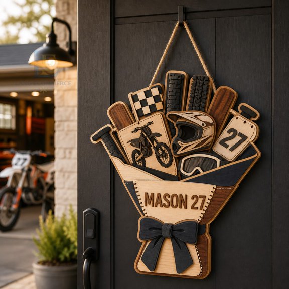 Door Sign Personalized Motocross Wood Look for Front Door, Custom Rider Name and Number Gift