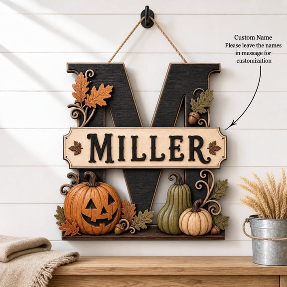 Door Sign Personalized Pumpkin Monogram Wood Front Door Autumn Decor