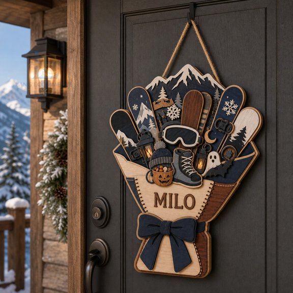 Door Sign Personalized Snowboarding Wood-Look Front Door Hanging for Snowboard Riders