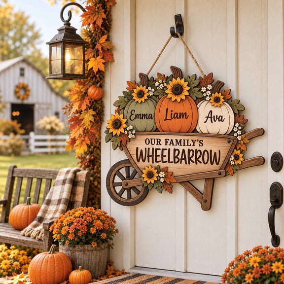 Door Sign, Personalized Wheelbarrow Pumpkins, Wooden Front Entry Hanging for Fall Thanksgiving