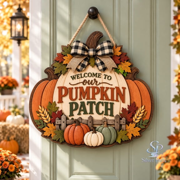 Door Sign Pumpkin Patch Harvest, Wooden Front Entry Welcome Accent for Fall Hosts