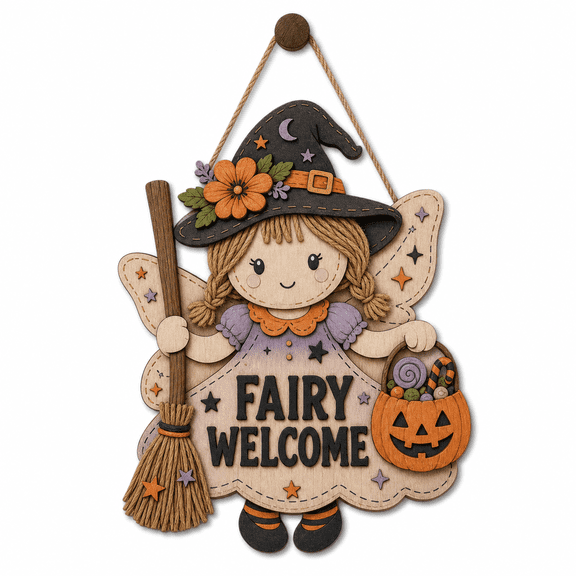 Door Sign Ragdoll Fairy Halloween Wooden Front Door Hanging for Seasonal Entryway