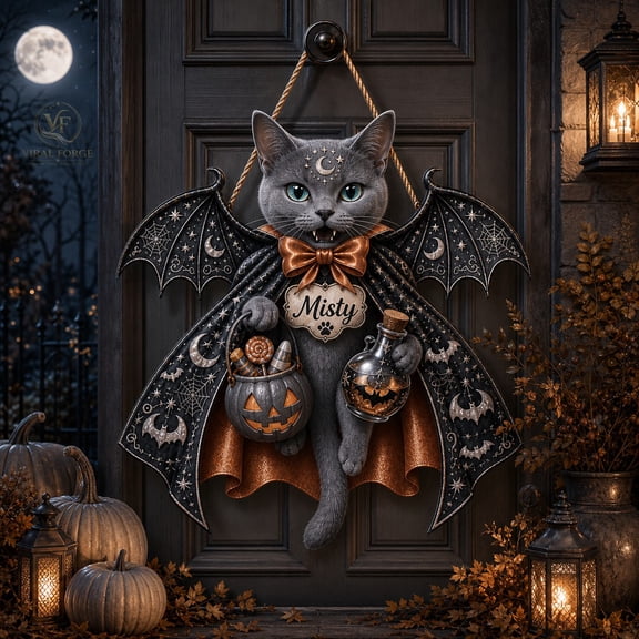 Door Sign Russian Blue Halloween Cat Custom Name Hanging for Front Door Cat Lovers