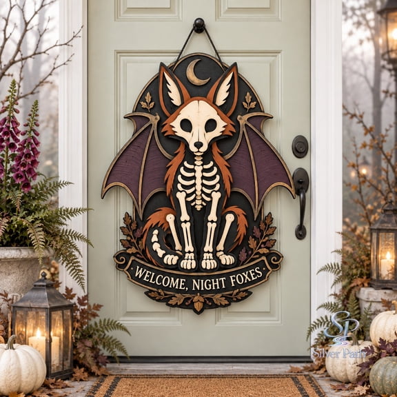 Door Sign Skeleton Fox with Bat Wings Wooden Front Porch Halloween Decor