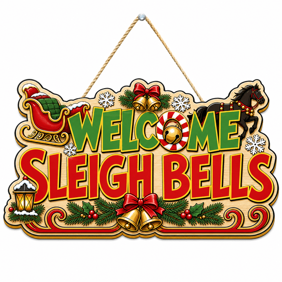 Door Sign Sleigh Bells Welcome Wooden Front Door Hanging for Christmas Entryway
