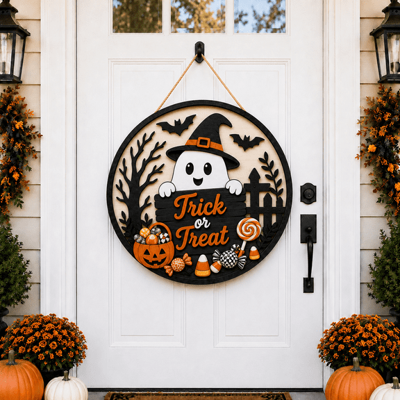 Door Sign Trick or Treat Ghost Pumpkin Wooden Front Door Hanging for Halloween Hosts