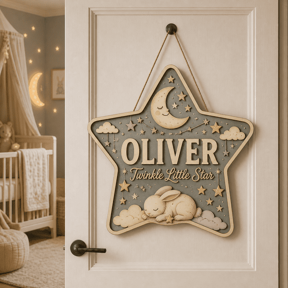 Door Sign Twinkling Star Wooden Nursery Door Hanger Personalized Name Gift