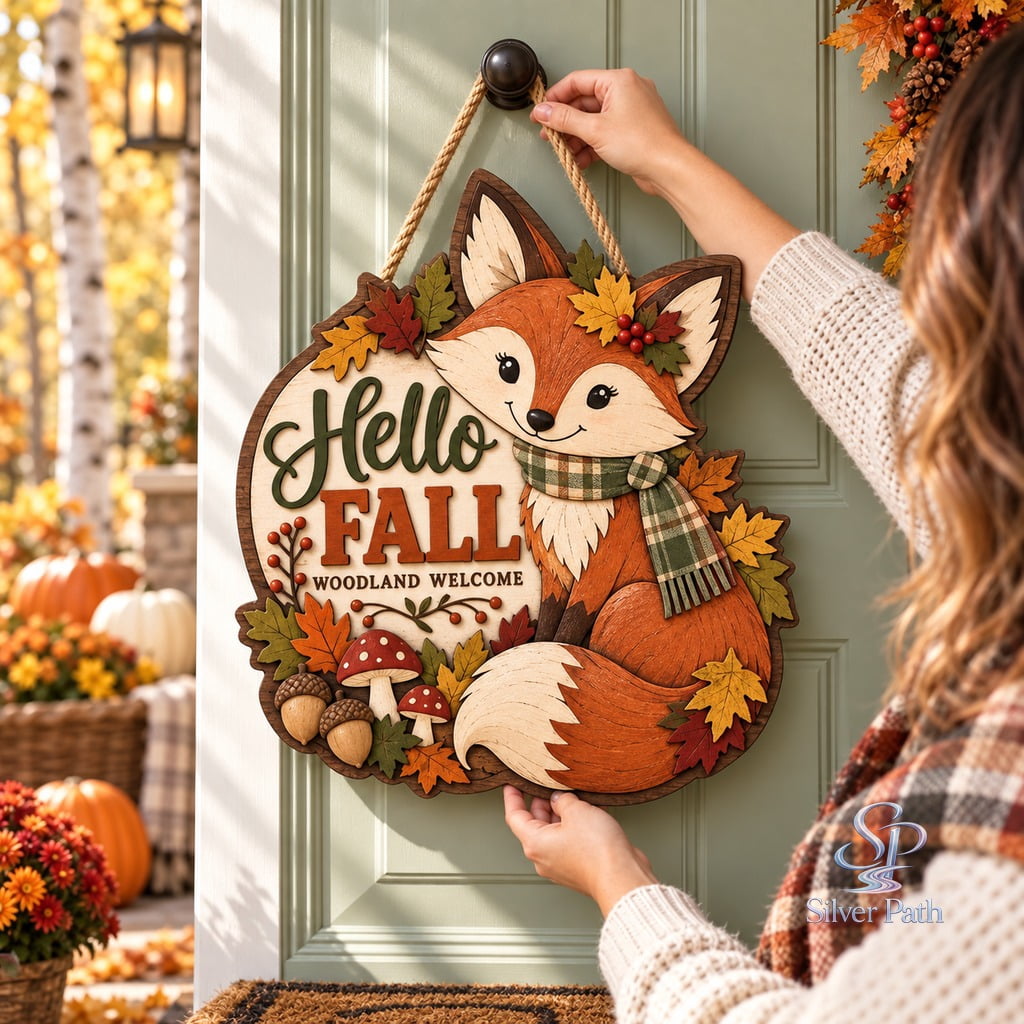 Door Sign Woodland Fox Hello Fall Theme, Wooden Front Porch Welcome ...