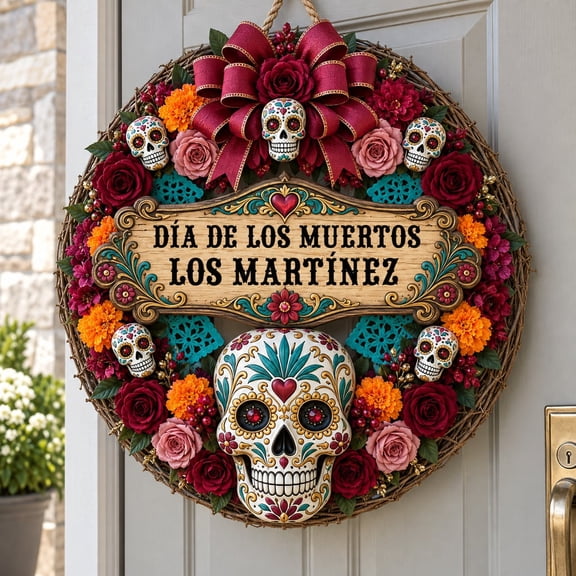 Door Sign with Personalized Día de los Muertos Family Sugar Skull Wreath, Wood Door Decor for Day of the Dead