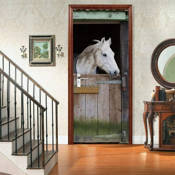 Door Sticker Door Picture Door Poster Self-Adhesive 3D Animal White Horse PVC Waterproof Removable Murals for Bedroom Home Bathroom Toilet Office Decoration