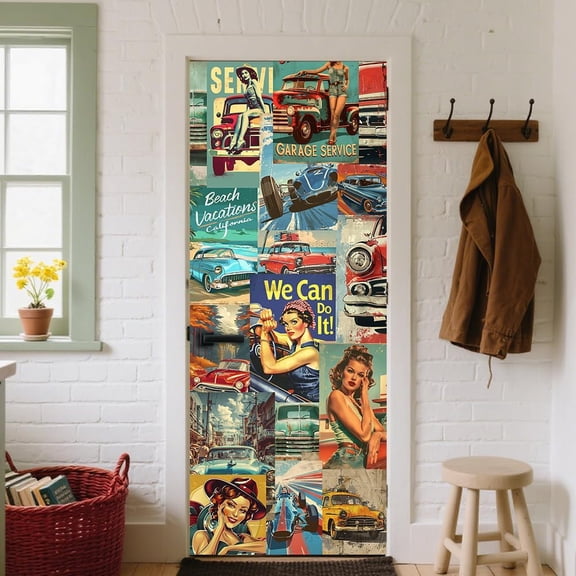 Door Sticker Peel Stick Removable Self Adhesive Door Mural Decal Vinyl PVC Waterproof Cover Wallpaper 31.4878.74 Inch Retro Car Poster