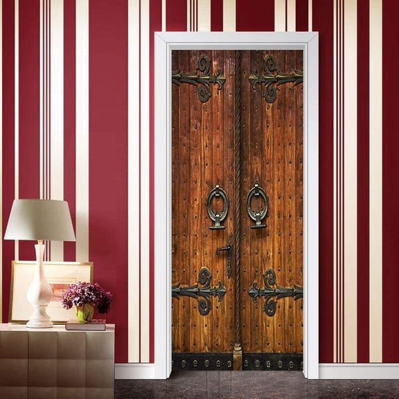 Door Sticker Self-Adhesive 3D 77 x 200 cm Vintage Wooden Door Wallpaper Door Poster Door Film Adhesive Film Trendy Walls Removable Photo Wallpaper Living Room Bedroom Home Decoration