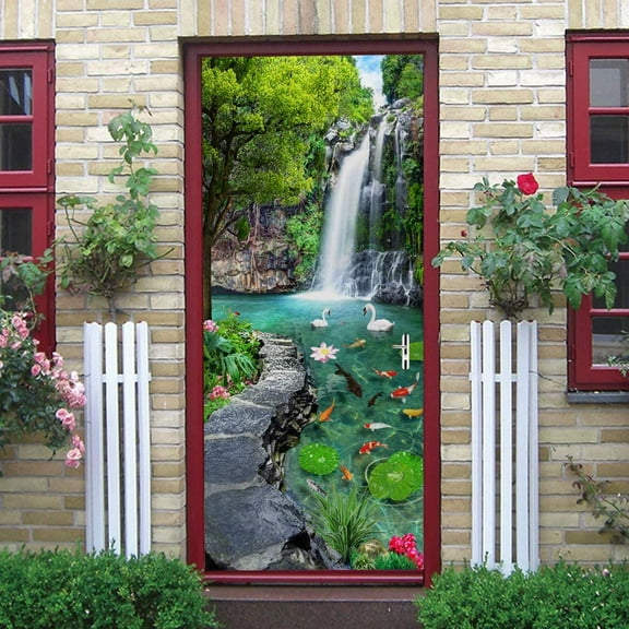 Door Sticker Trompe L'Oeil 3D Effect Interior Murals Swan Fish Landscape Waterfall Stickers Bathroom Kitchen Decoration 77X200Cm Self Adhesive Art Paper